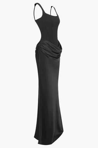 Structured Corset Draped Bodycon Long Dress with Wide Straps