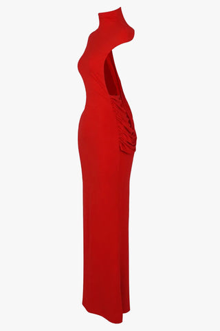 Open Back High Neck Long Evening Dress with Draped Detail