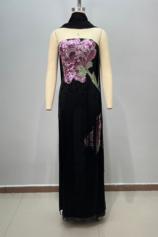 Floral Sequin Fringe Strapless Long Dress with Scarf