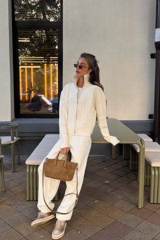 Cable Knit Zip-Up Cardigan and Jogger Pants Set