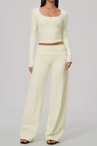 Scoop Neck Long Sleeve Top & Foldover Wide-Leg Pants Set