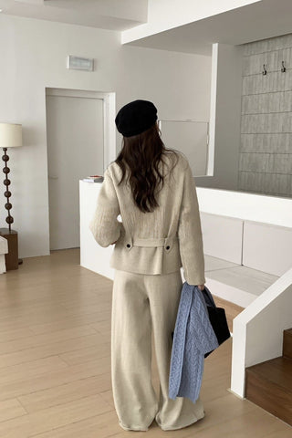 Elegant Ribbed Knit Belted Jacket & Wide Leg Pants Set