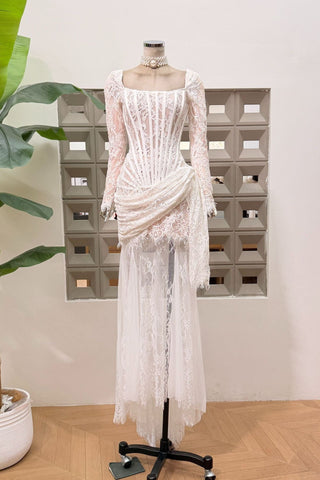 Lace Corset Long Dress – Draped Long Sleeve Gown