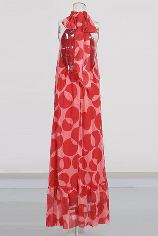 Sleeveless Halter Neck Open-Back Printed Chiffon Long Dress with Ruffle Hem