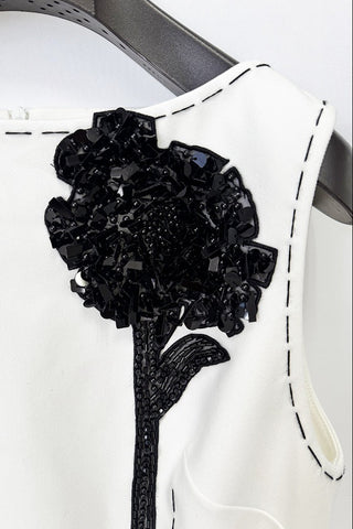 Sleeveless Mini Shift Dress with Floral Appliqué & Contrast Stitch Detail