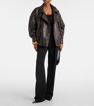 Classic Aviator Leather Jacket with High Neck, Utility Pockets, and Structured Fit