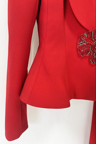 Long-Sleeve Crepe Peplum Blazer and Wide-Leg Pants Set with Beaded Brooch Detail