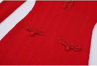 Ribbed Knit Long Dress with Pearl Trim Details & Long Sleeves