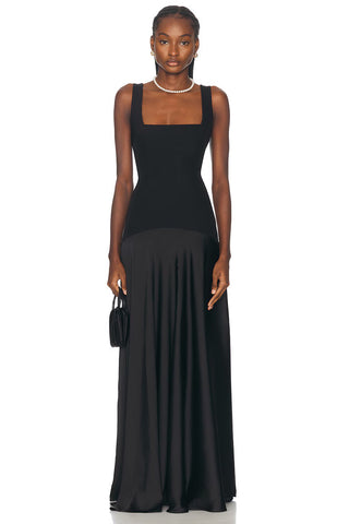 Square Neck Fitted Bodice Long Dress with Flared Satin Skirt