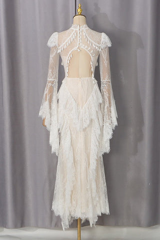Lace Corset Long Dress with Ruffle Layers & Flared Sleeves