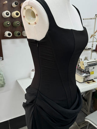 Structured Corset Back Long Dress with Draped Silhouette