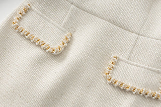 Pearl Trim Tweed Long Sleeve Square Neck Dress