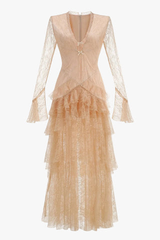 Tiered Lace Ruffle Long Dress with Flared Sleeves