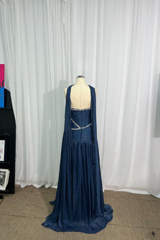 Crystal Trim Draped Scarf Long Dress
