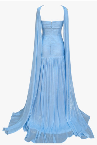 Scarf Neck Draped Pleated Chiffon Strapless Long Dress