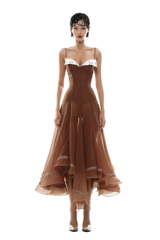Spaghetti Strap Corset Organza Asymmetric Long Dress with Embroidered Collar Detail