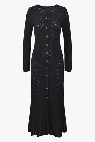 Textured Knit Button-Front Long Dress with V-Neck and Long Sleeves