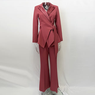 Asymmetric Wrap Belted Blazer & Wide Leg Pants Set