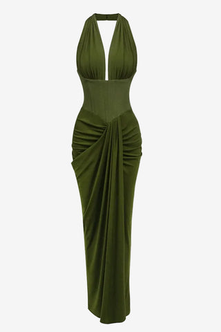 Halter Neck Corset Sleeveless Long Dress with Draped Slit