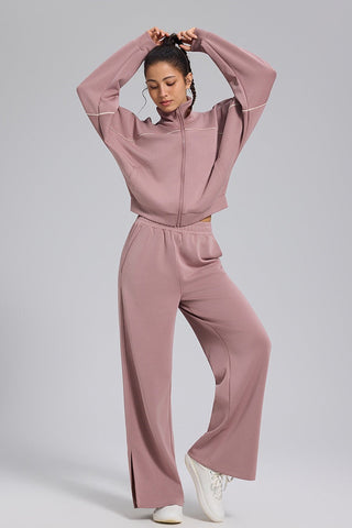 Relaxed Fit Zip-Up Jacket and Wide Leg Pants Set