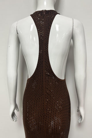 Embellished Cowl Neck Open Back Long Dress