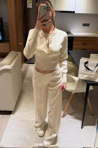 Ribbed Knit Two-Piece Lounge Set – Button Cardigan & Wide-Leg Pants