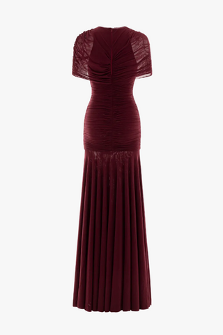 Ruched Off-Shoulder Long Dress – Draped Top & Flowing Skirt