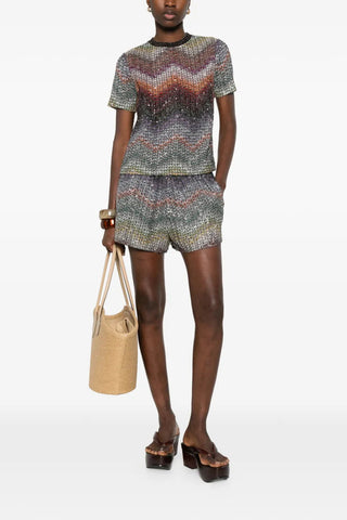 Metallic Chevron Knit Short Sleeve Top & High-Waisted Shorts Set