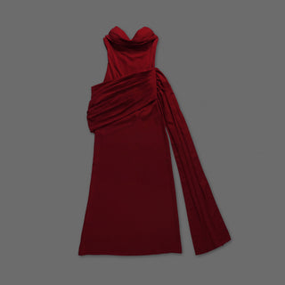Elegant Strapless Corset Long Dress with Draped Cowl Neckline and Lace-Up Back