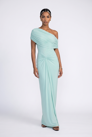One-Shoulder Long Dress – Gathered Front, Fitted Waist & Floor-Length Design
