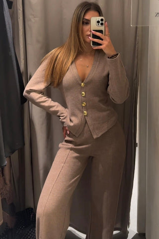 Ribbed Knit V-Neck Cardigan & Wide-Leg Pants Lounge Set – Soft Stretch Knit, Long Sleeves, Relaxed Fit