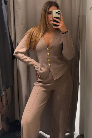 Ribbed Knit V-Neck Cardigan & Wide-Leg Pants Lounge Set – Soft Stretch Knit, Long Sleeves, Relaxed Fit