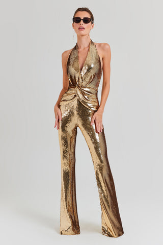 Sequin Halter Neck Sleeveless Flared Jumpsuit
