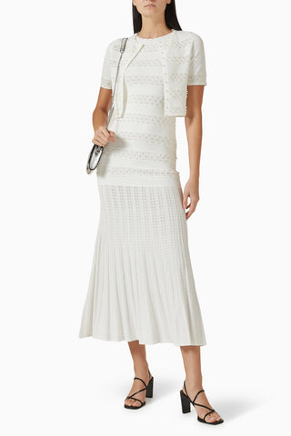 Pearl-Embellished Knit Long Dress – Sleeveless with Pleated Hem