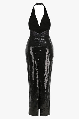 Sequin Halter Neck Long Dress with Open Back and Slit