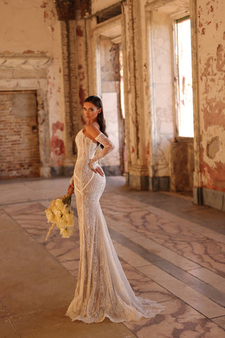 Floral Lace Corset Off-Shoulder Long Dress with Sheer Lace Sleeves