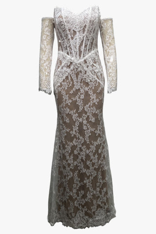 Floral Lace Corset Off-Shoulder Long Dress with Sheer Lace Sleeves