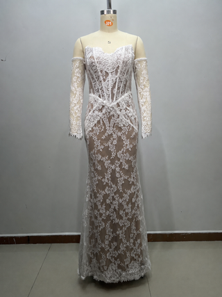 Floral Lace Corset Off-Shoulder Long Dress with Sheer Lace Sleeves