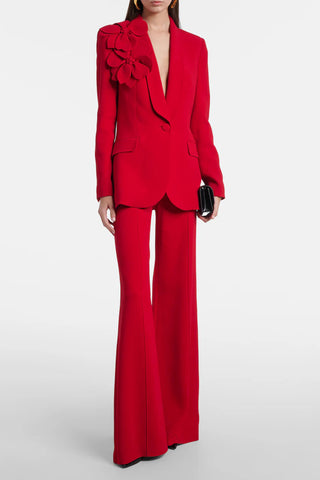 Floral Detail Tailored Suit Set – Structured Blazer & Wide Leg Pants