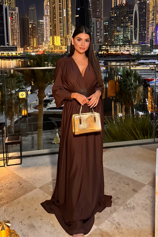 Roselyn Long Sleeve Belted Long Dress