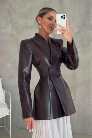 Long Sleeve Structured Faux Leather Blazer Jacket