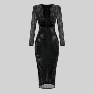 Glamorous Long Sleeve Mesh Studded Midi Dress with Cutout
