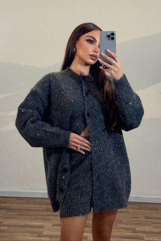 Wool Knit Lounge Set with Sequin Shine – Cardigan and Shorts