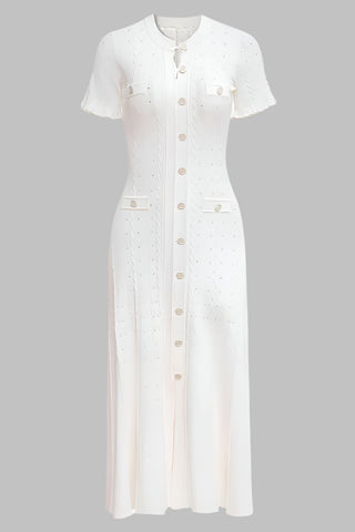Short Sleeve Knitted Midi Dress with Front Buttons and Pocket Detail