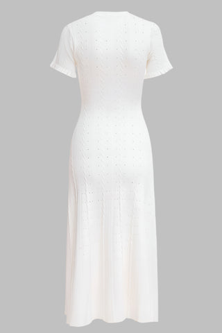 Short Sleeve Knitted Midi Dress with Front Buttons and Pocket Detail