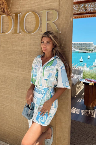 Printed Overshirt and Skort Set – Short Sleeve Button-Up with Belted High-Waist Skort