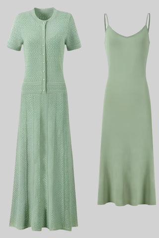 Short Sleeve Knitted Long Dress with Inner Slip – Flattering Fit & Button Detail