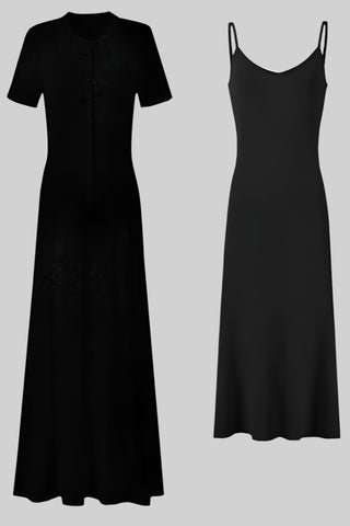 Short Sleeve Knitted Long Dress with Inner Slip – Flattering Fit & Button Detail