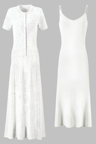 Short Sleeve Knitted Long Dress with Inner Slip – Flattering Fit & Button Detail