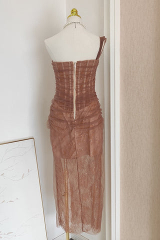 One-Shoulder Lace Long Dress with Tulle Draping